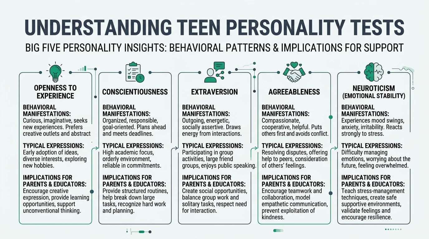 Educational infographic showing the five personality dimensions measured in adolescent Big Five assessments alongside developmental trajectories and practical applications for parents and educators in school settings