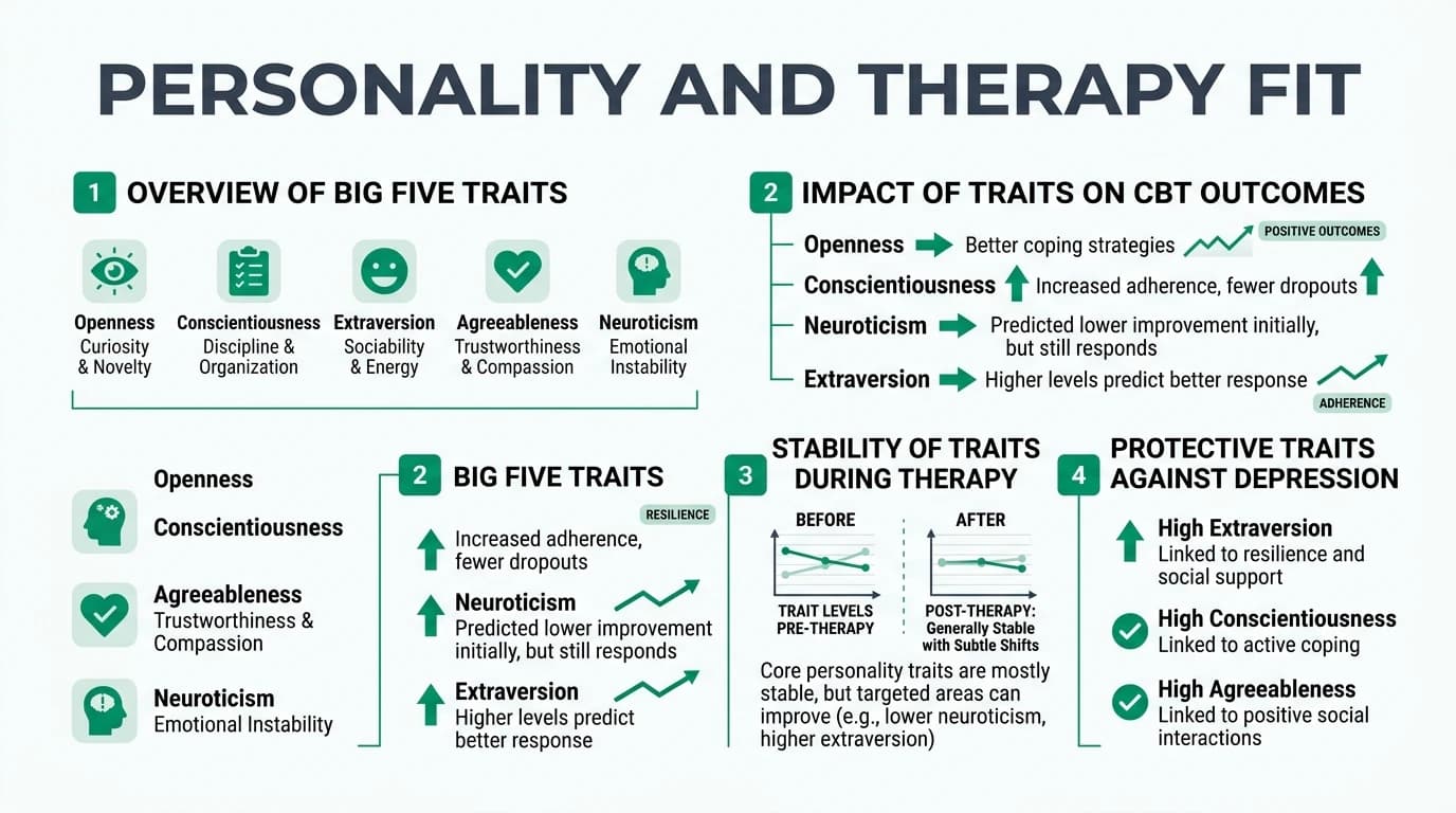 Structured infographic covering personality dimensions, usage contexts, and methodological limits to improve score interpretation quality.
