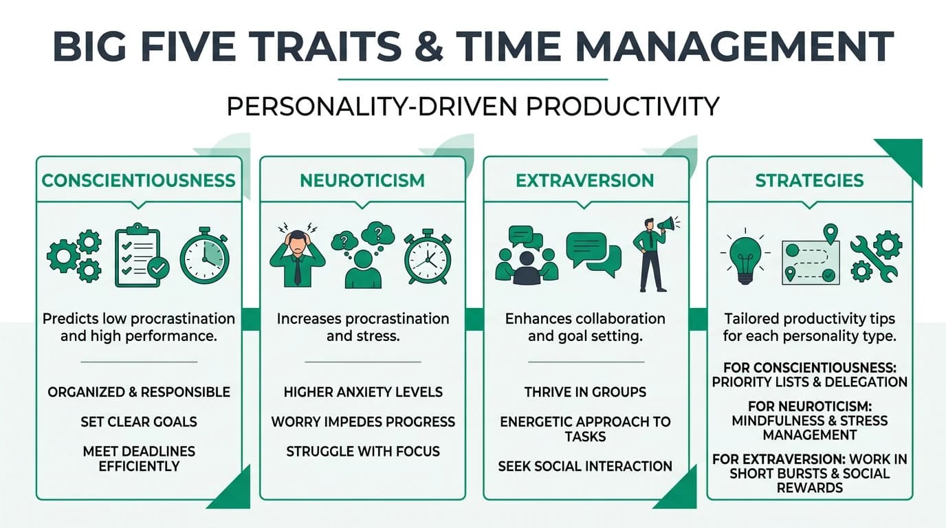 Visual guide showing how each Big Five personality trait influences time management habits, procrastination tendencies, and workplace productivity strategies