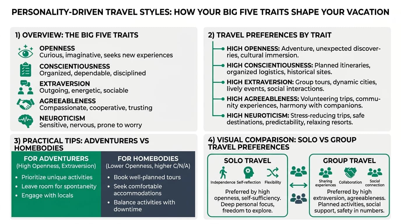 A diverse group of travelers exploring a scenic landscape, representing various personality traits and travel preferences.