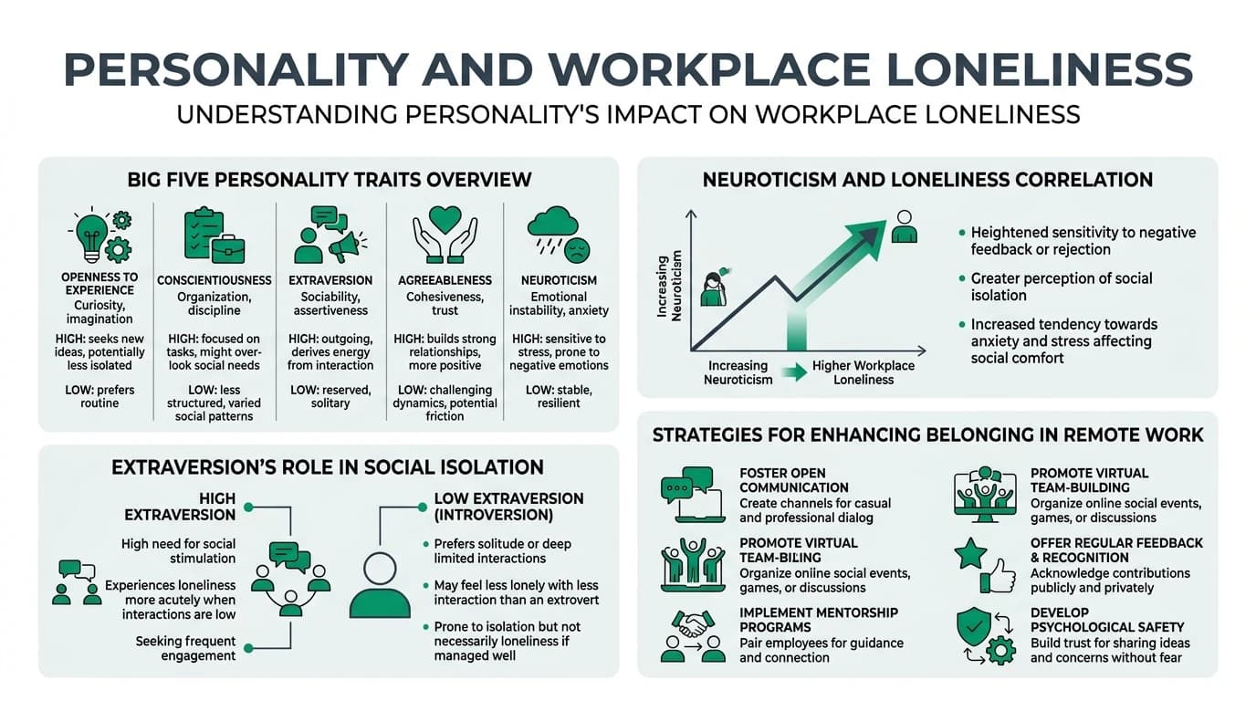 A diverse group of remote workers on a video call, each displaying different emotional expressions, highlighting the impact of personality on workplace loneliness.