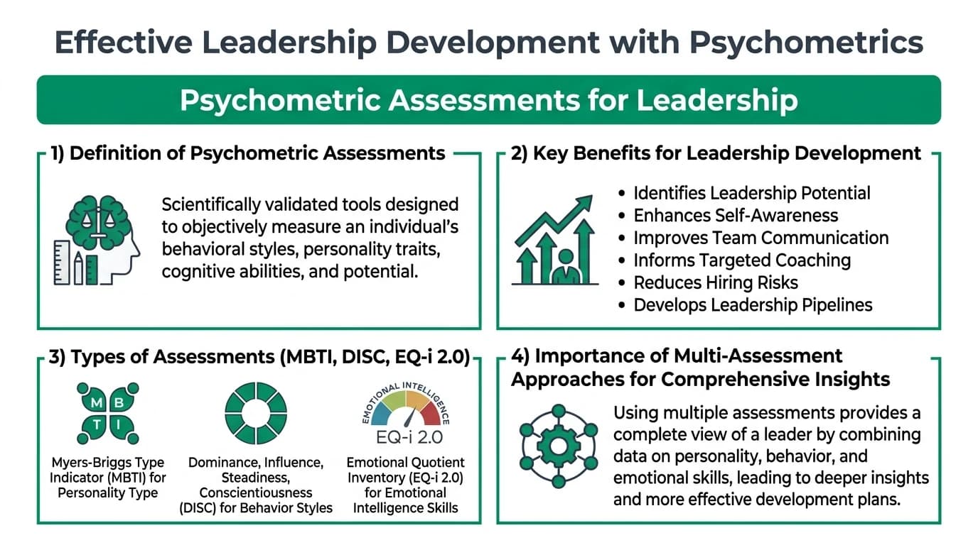 A diverse group of professionals engaged in a leadership development workshop, with psychometric assessment tools visible on a table.