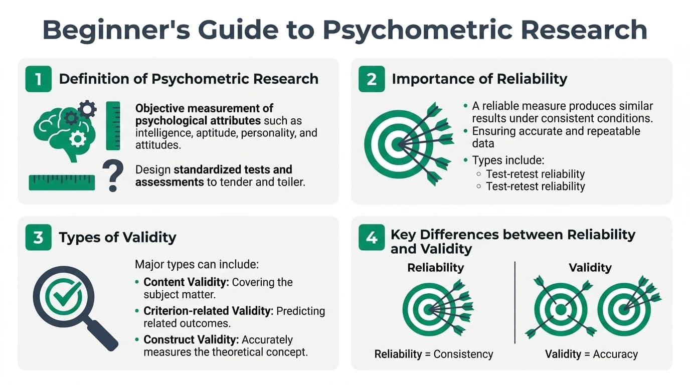 A detailed illustration showing the different aspects of psychometric research, including validity and reliability, with visual aids for better understanding.