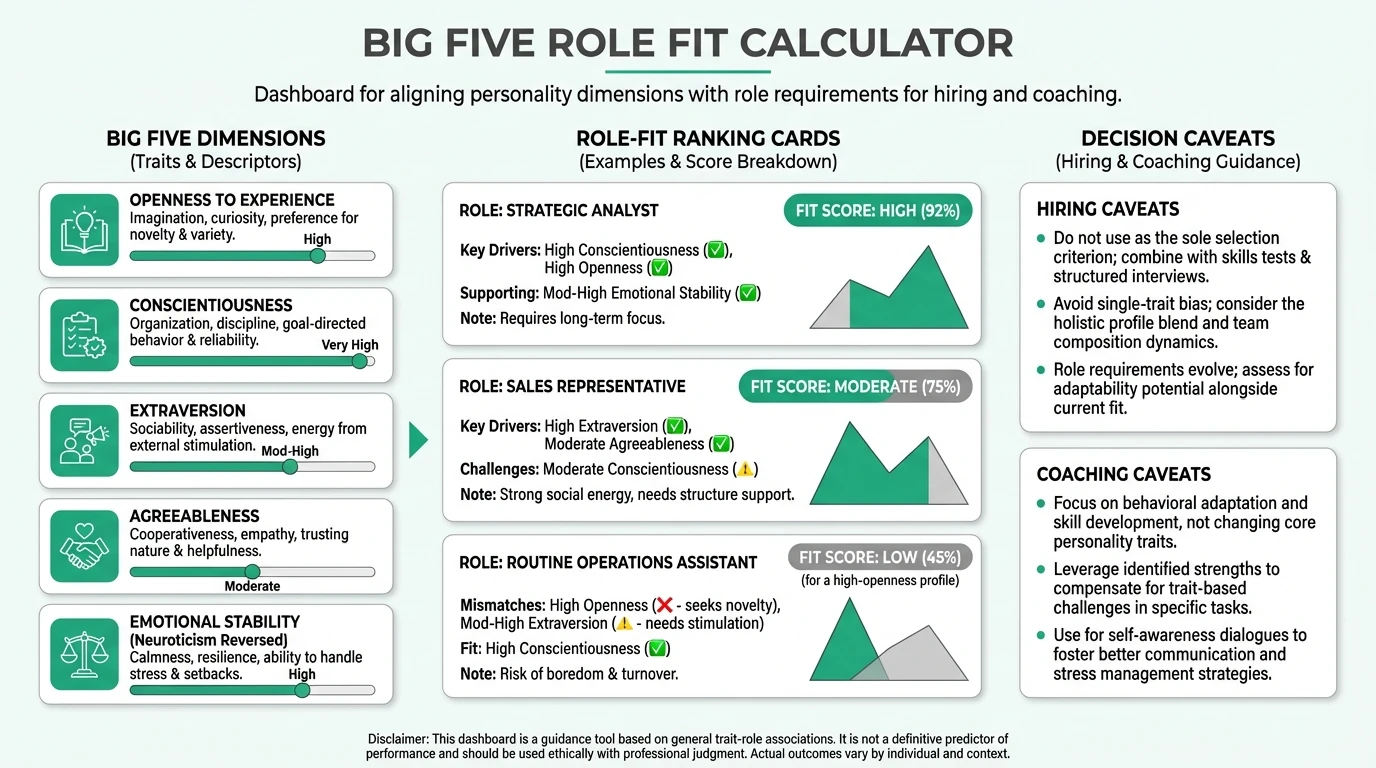 Dashboard-style visual with Big Five dimensions and role-fit output bars used as a concept image for an interactive personality decision support tool.