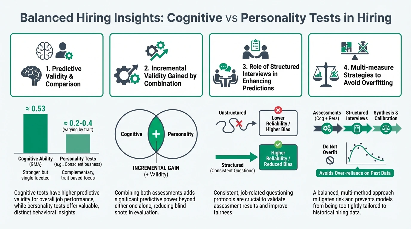 A balanced scale with cognitive ability on one side and personality tests on the other, illustrating the balance needed in hiring processes.