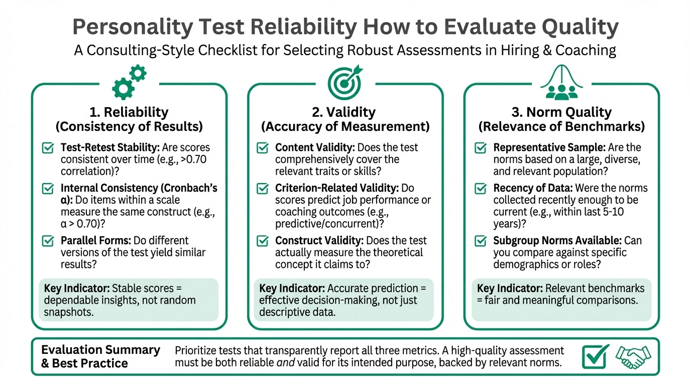 Checklist-style infographic showing the three core quality pillars for personality assessment: reliability, validity, and norm quality, with warning signals for weak instruments.