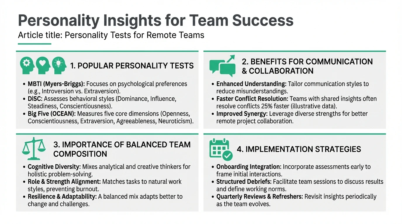 Illustration of diverse remote team members engaging with personality tests to improve collaboration and productivity.