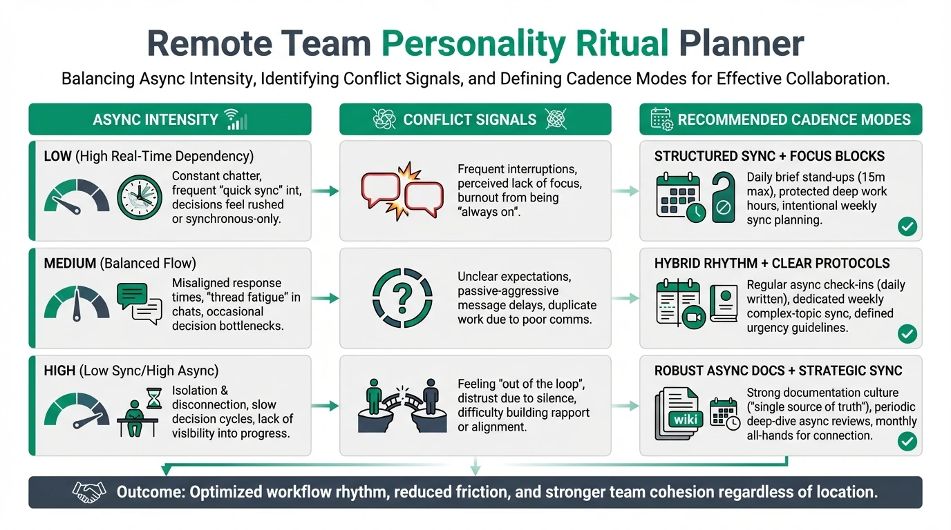 Remote collaboration infographic showing team communication rituals, async intensity, conflict exposure, and personality-informed facilitation cadence.